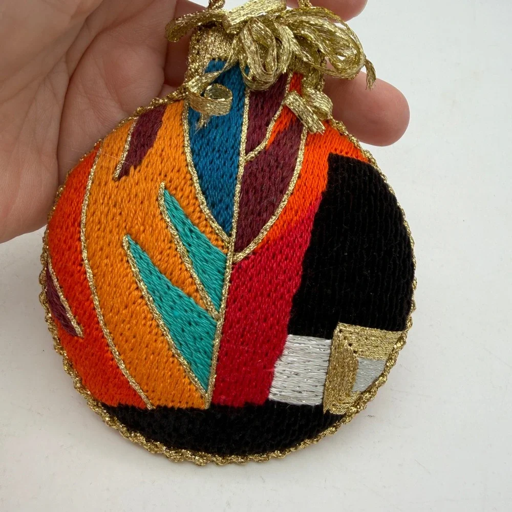 Vintage Needlepoint Heart & Abstract Embroidered Christmas Ornaments‎ Set of 2